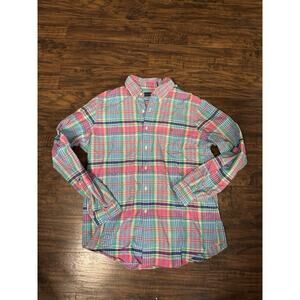 Polo Ralph Lauren Shirt Men’s Pink Green Plaid Oxford Brown Pony Large